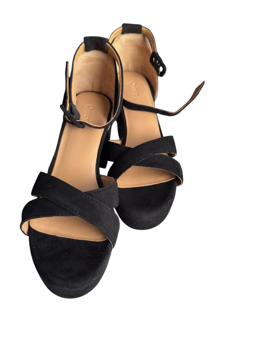 NWT Quince Italian Leather Crisscross Platform Sandals Black Suede Heels Sz 7 - Picture 5 of 6